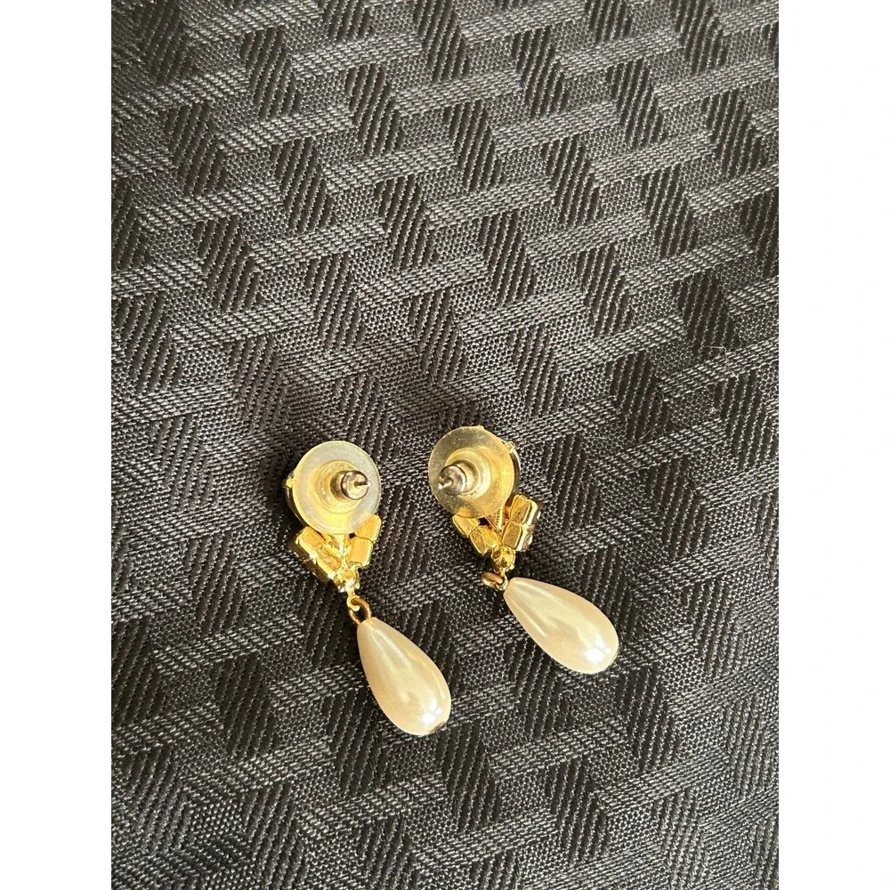 Vintage Aurora Borealis Rhinestone Faux Pearl Drop Dangle Pierced Earrings